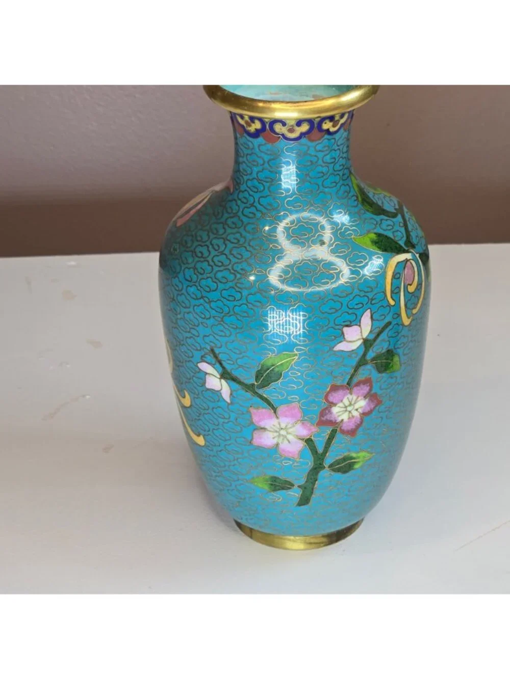 Vintage Cloisonné Vase Pink & White Chrysanthemums Gold Accents Floral Enamel